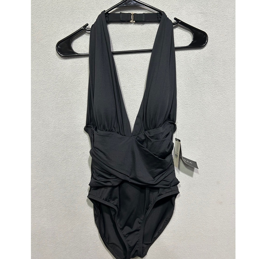 La Blanca One Piece Swimsuit Women 12 Black Halter Deep V-Neck Ruched Front